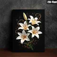 2D flat 1pc Blooming White Lilies Floral Wall Art Living Room Bedroom Home Decor Canvas Prints Modern Farmhouse Style Gallery Wrapped Timeless Elegance