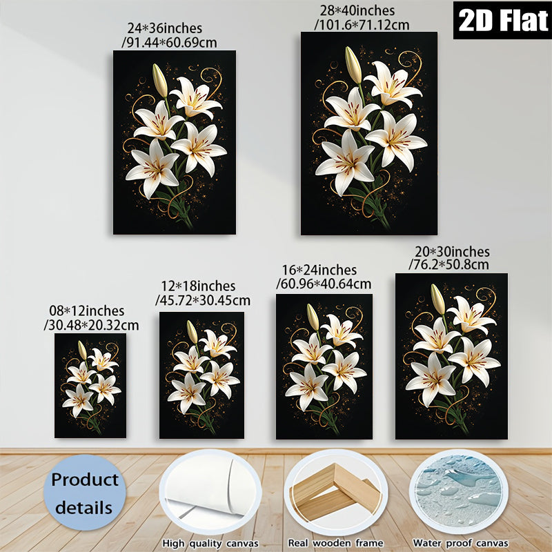 2D flat 1pc Blooming White Lilies Floral Wall Art Living Room Bedroom Home Decor Canvas Prints Modern Farmhouse Style Gallery Wrapped Timeless Elegance