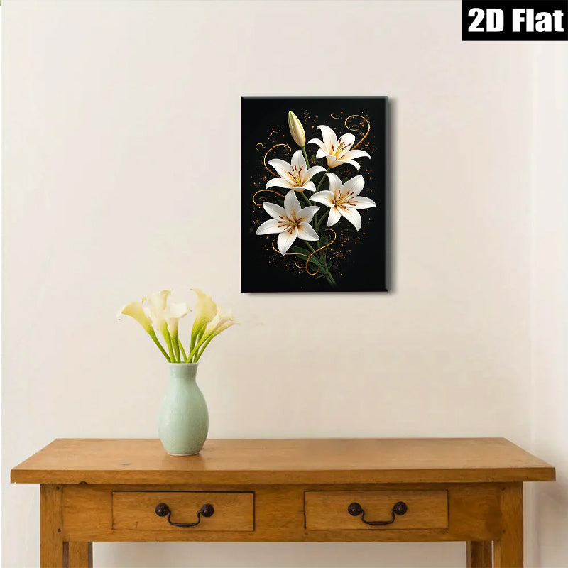 2D flat 1pc Blooming White Lilies Floral Wall Art Living Room Bedroom Home Decor Canvas Prints Modern Farmhouse Style Gallery Wrapped Timeless Elegance