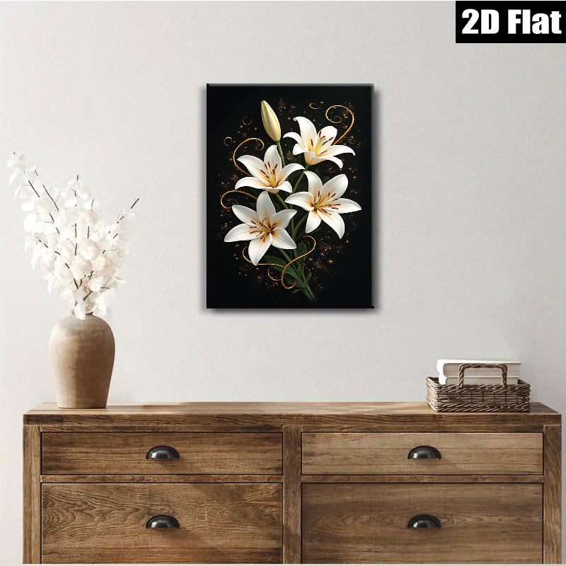 2D flat 1pc Blooming White Lilies Floral Wall Art Living Room Bedroom Home Decor Canvas Prints Modern Farmhouse Style Gallery Wrapped Timeless Elegance