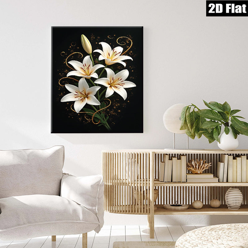 2D flat 1pc Blooming White Lilies Floral Wall Art Living Room Bedroom Home Decor Canvas Prints Modern Farmhouse Style Gallery Wrapped Timeless Elegance