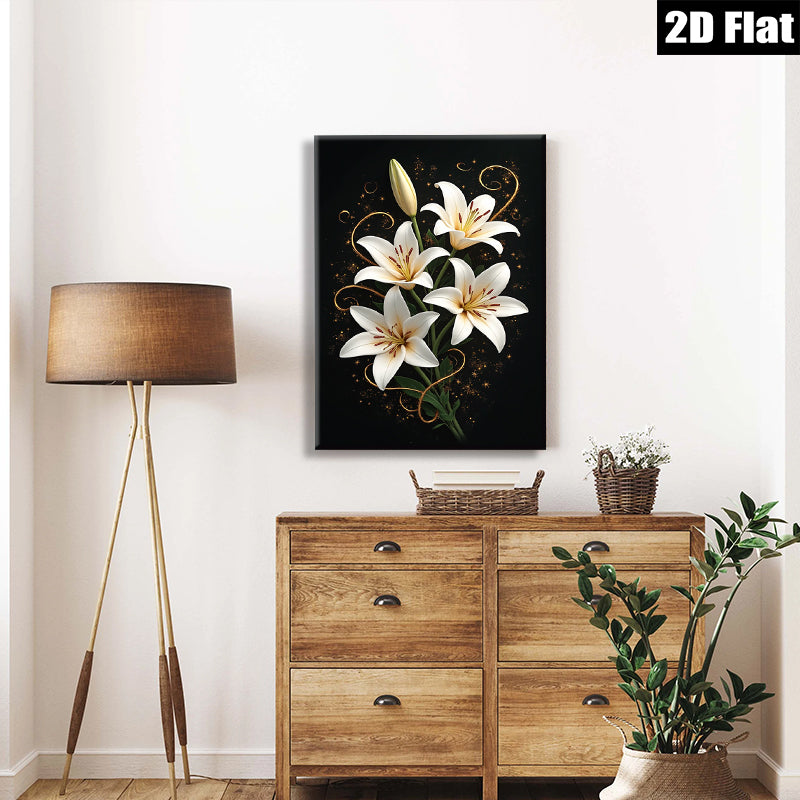 2D flat 1pc Blooming White Lilies Floral Wall Art Living Room Bedroom Home Decor Canvas Prints Modern Farmhouse Style Gallery Wrapped Timeless Elegance