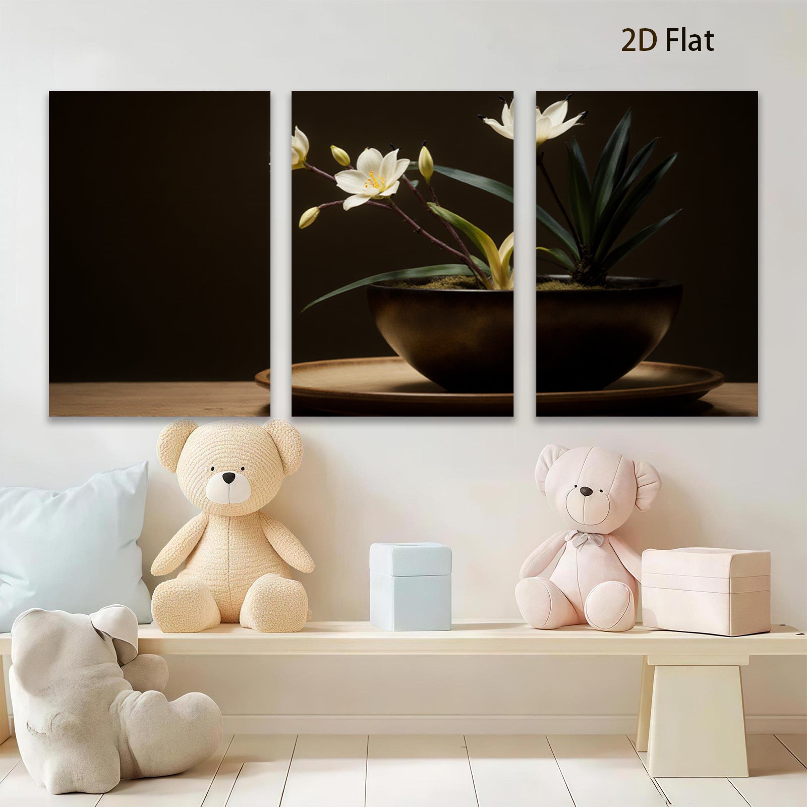 2D flat 1pc Blooming White Lilies Pottery Still Life Botanical Wall Art Farmhouse Decor Living Room Bedroom Modern Canvas Prints