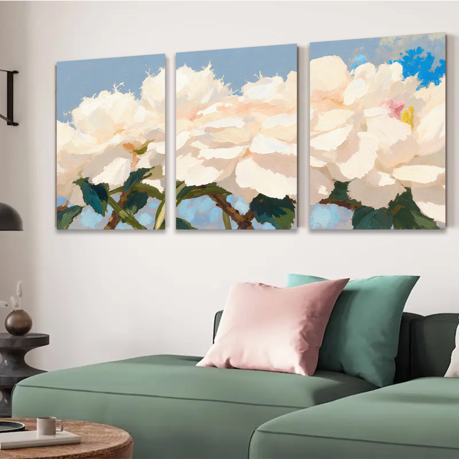 2D flat 1pc Blooming White Peonies Floral Wall Art Living Room Bedroom Home Decor Modern Farmhouse Style Canvas Prints Ready to Hang Gallery Wrapped
