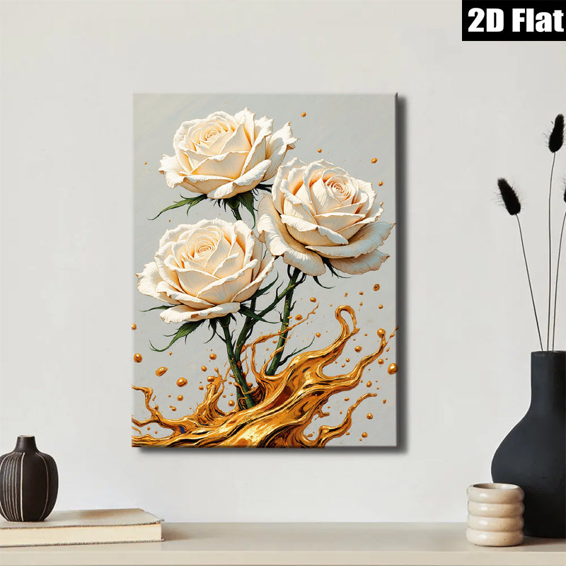 2D flat 1pc Blooming White Roses Gold Splatter Wall Art Canvas Prints for Living Room Bedroom Modern Farmhouse Decor Gallery Wrapped Ready to Hang