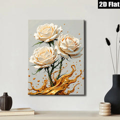 2D flat 1pc Blooming White Roses Gold Splatter Wall Art Canvas Prints for Living Room Bedroom Modern Farmhouse Decor Gallery Wrapped Ready to Hang