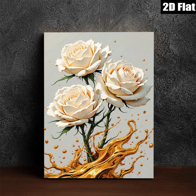 2D flat 1pc Blooming White Roses Gold Splatter Wall Art Canvas Prints for Living Room Bedroom Modern Farmhouse Decor Gallery Wrapped Ready to Hang