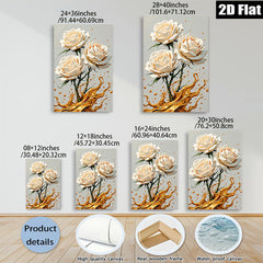 2D flat 1pc Blooming White Roses Gold Splatter Wall Art Canvas Prints for Living Room Bedroom Modern Farmhouse Decor Gallery Wrapped Ready to Hang