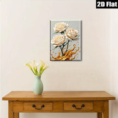 2D flat 1pc Blooming White Roses Gold Splatter Wall Art Canvas Prints for Living Room Bedroom Modern Farmhouse Decor Gallery Wrapped Ready to Hang