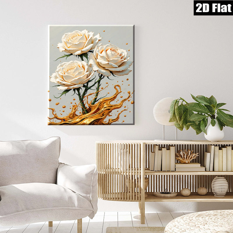 2D flat 1pc Blooming White Roses Gold Splatter Wall Art Canvas Prints for Living Room Bedroom Modern Farmhouse Decor Gallery Wrapped Ready to Hang