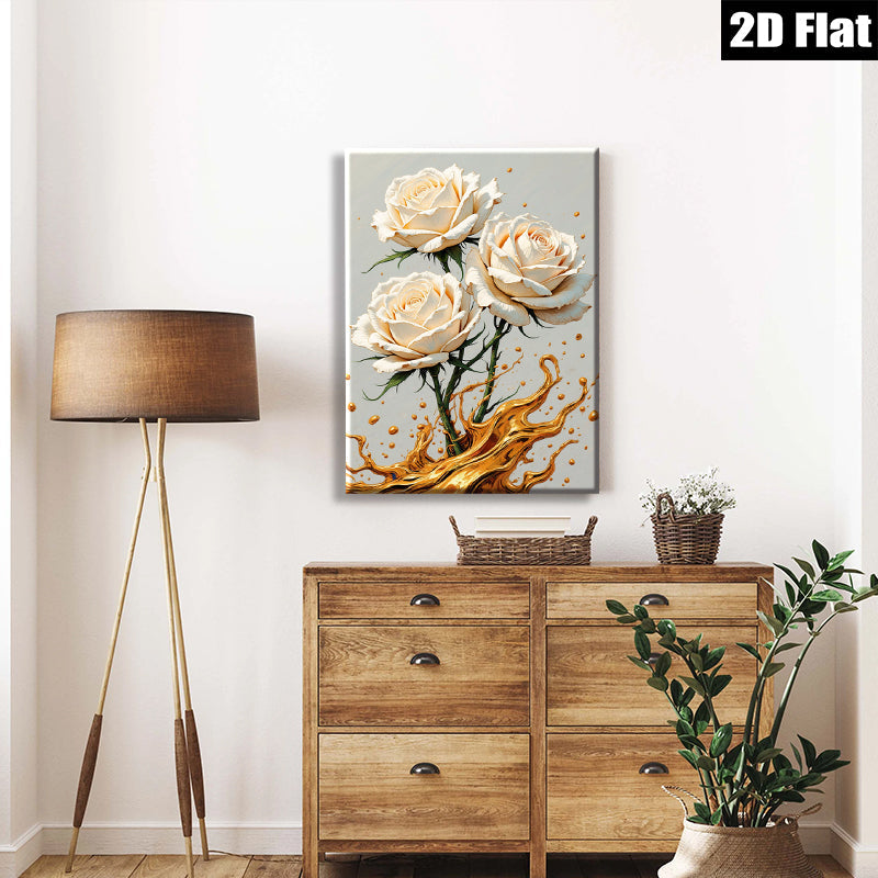 2D flat 1pc Blooming White Roses Gold Splatter Wall Art Canvas Prints for Living Room Bedroom Modern Farmhouse Decor Gallery Wrapped Ready to Hang
