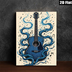 2D flat 1pc Blue Acoustic Guitar Music Wall Art Canvas Prints for Living Room Bedroom Home Decor Gallery Wrapped Modern Farmhouse Style