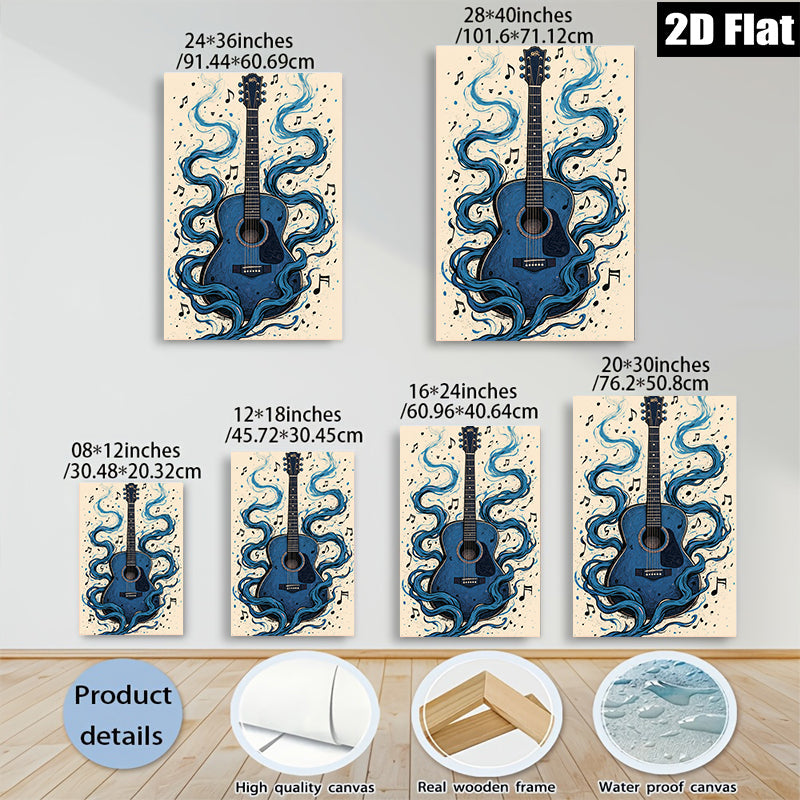 2D flat 1pc Blue Acoustic Guitar Music Wall Art Canvas Prints for Living Room Bedroom Home Decor Gallery Wrapped Modern Farmhouse Style