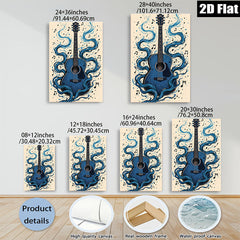 2D flat 1pc Blue Acoustic Guitar Music Wall Art Canvas Prints for Living Room Bedroom Home Decor Gallery Wrapped Modern Farmhouse Style