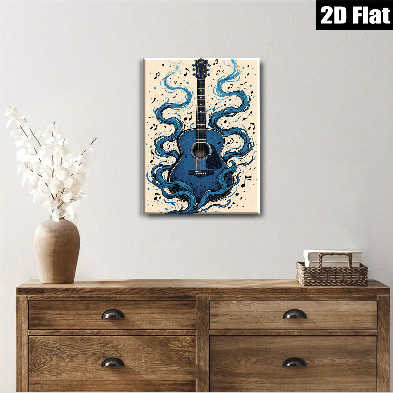 2D flat 1pc Blue Acoustic Guitar Music Wall Art Canvas Prints for Living Room Bedroom Home Decor Gallery Wrapped Modern Farmhouse Style
