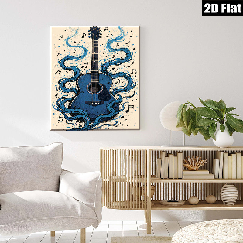 2D flat 1pc Blue Acoustic Guitar Music Wall Art Canvas Prints for Living Room Bedroom Home Decor Gallery Wrapped Modern Farmhouse Style