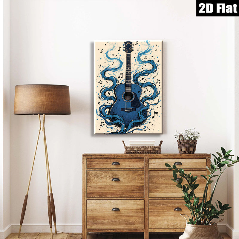 2D flat 1pc Blue Acoustic Guitar Music Wall Art Canvas Prints for Living Room Bedroom Home Decor Gallery Wrapped Modern Farmhouse Style