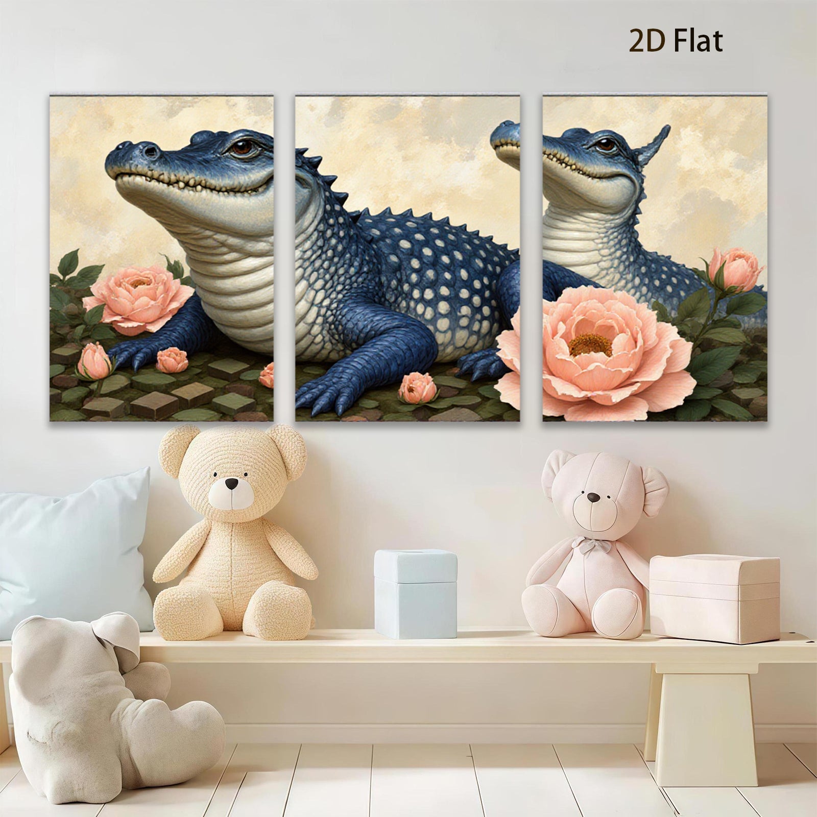 2D flat 1pc Blue Alligator Floral Portrait Living Room Bedroom Gallery Wall Art Home Decor Canvas Prints Modern Farmhouse Style