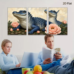 2D flat 1pc Blue Alligator Floral Portrait Living Room Bedroom Gallery Wall Art Home Decor Canvas Prints Modern Farmhouse Style
