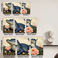 2D flat 1pc Blue Alligator Floral Portrait Living Room Bedroom Gallery Wall Art Home Decor Canvas Prints Modern Farmhouse Style