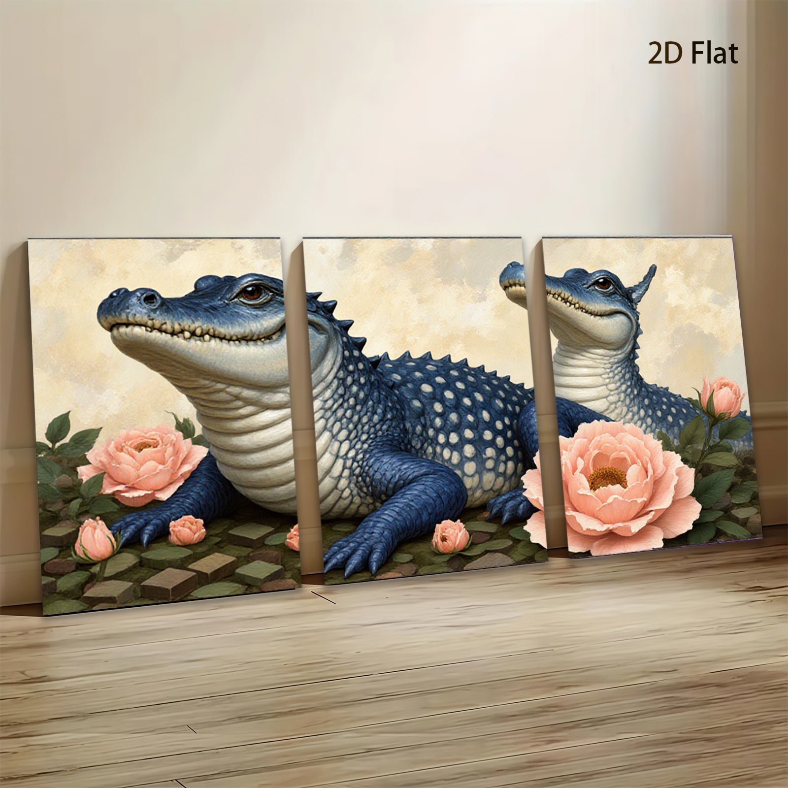 2D flat 1pc Blue Alligator Floral Portrait Living Room Bedroom Gallery Wall Art Home Decor Canvas Prints Modern Farmhouse Style