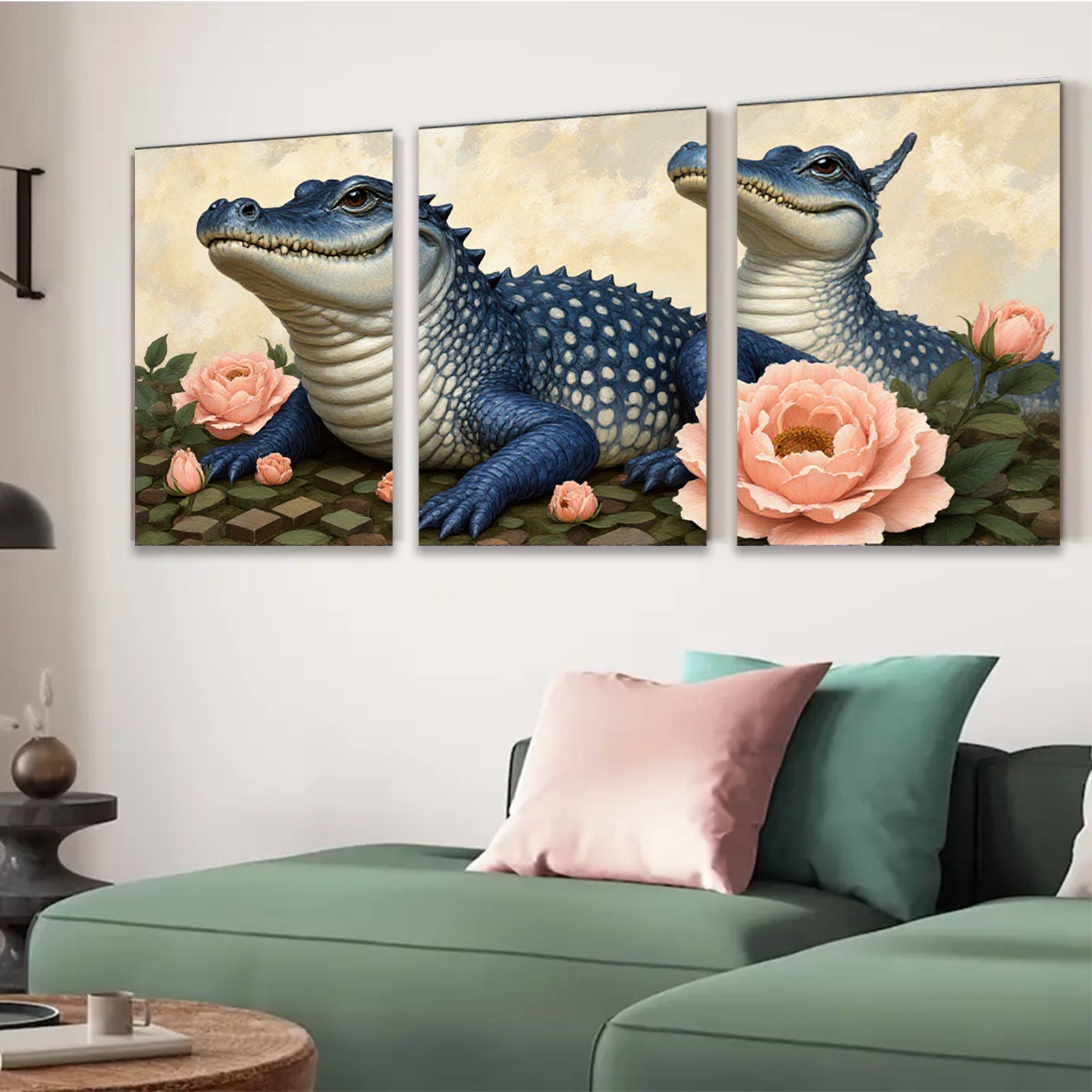 2D flat 1pc Blue Alligator Floral Portrait Living Room Bedroom Gallery Wall Art Home Decor Canvas Prints Modern Farmhouse Style
