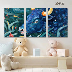 2D flat 1pc Blue Bull Portrait Lush Floral Background Farmhouse Wall Decor Living Room Bedroom Canvas Art Modern Rustic Gallery Wrapped Timeless Statement Piece