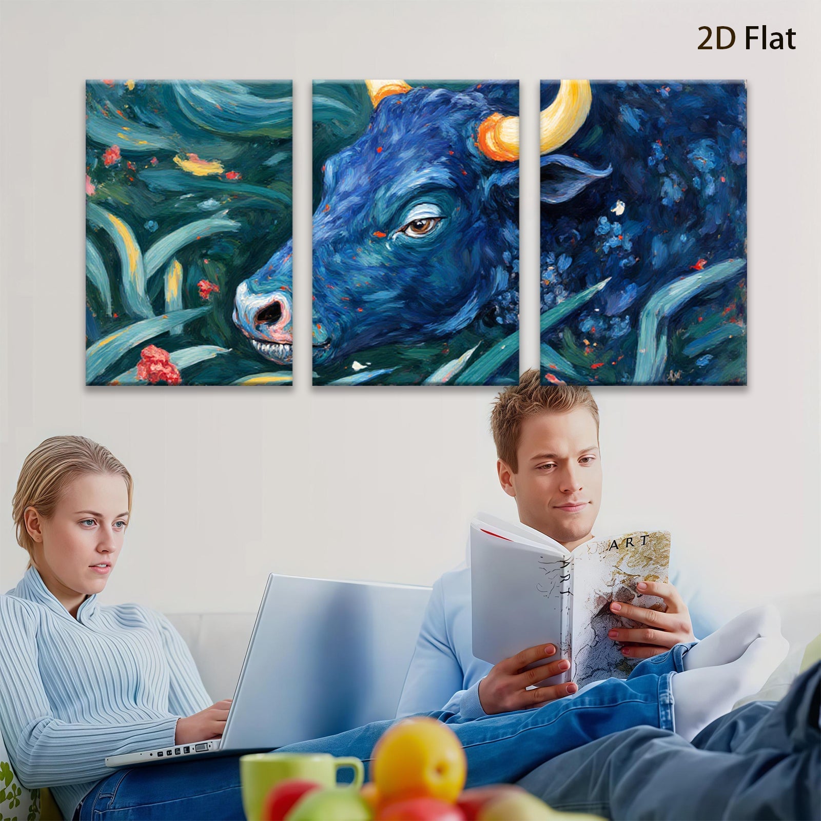 2D flat 1pc Blue Bull Portrait Lush Floral Background Farmhouse Wall Decor Living Room Bedroom Canvas Art Modern Rustic Gallery Wrapped Timeless Statement Piece