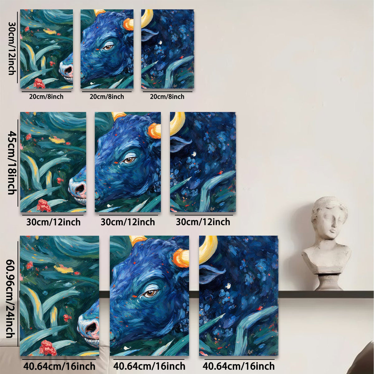 2D flat 1pc Blue Bull Portrait Lush Floral Background Farmhouse Wall Decor Living Room Bedroom Canvas Art Modern Rustic Gallery Wrapped Timeless Statement Piece