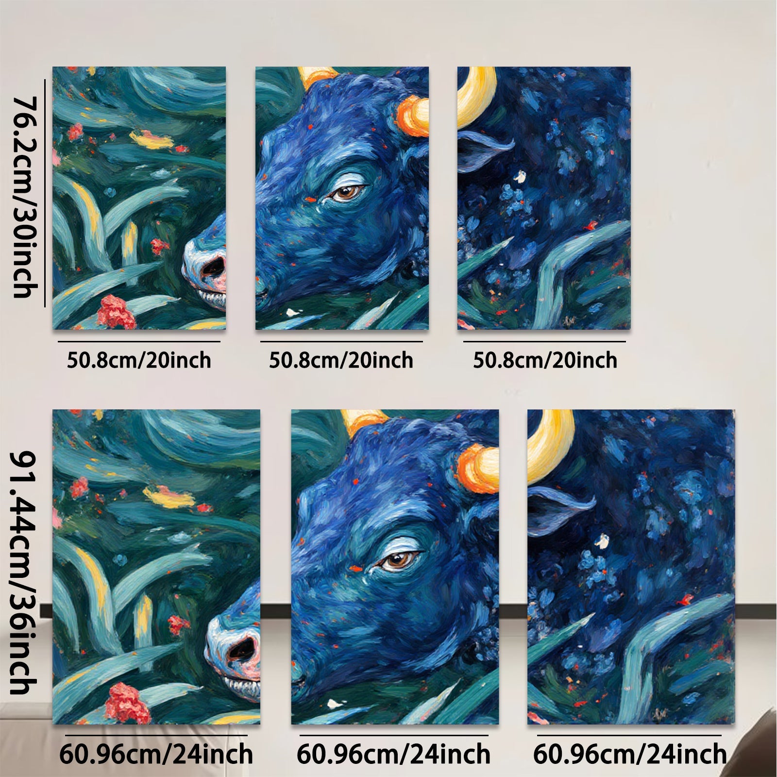 2D flat 1pc Blue Bull Portrait Lush Floral Background Farmhouse Wall Decor Living Room Bedroom Canvas Art Modern Rustic Gallery Wrapped Timeless Statement Piece