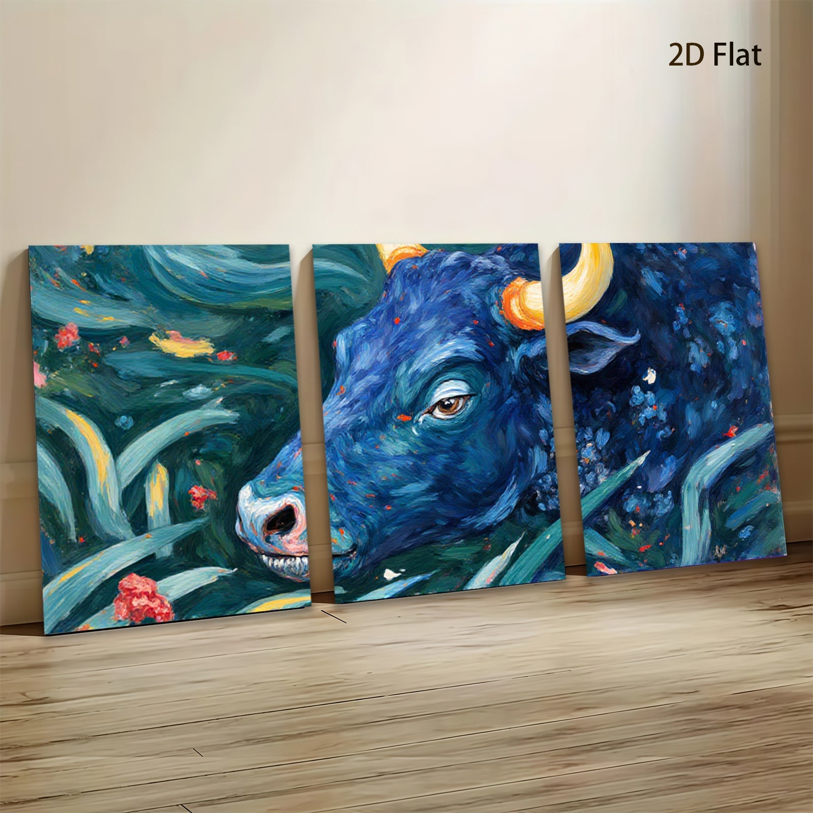 2D flat 1pc Blue Bull Portrait Lush Floral Background Farmhouse Wall Decor Living Room Bedroom Canvas Art Modern Rustic Gallery Wrapped Timeless Statement Piece