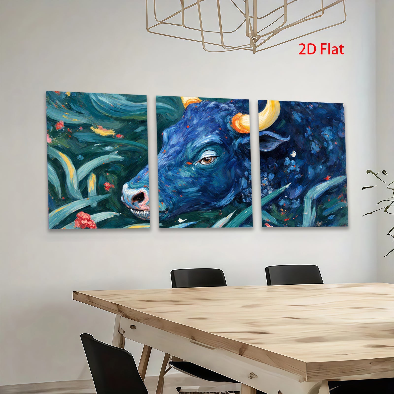 2D flat 1pc Blue Bull Portrait Lush Floral Background Farmhouse Wall Decor Living Room Bedroom Canvas Art Modern Rustic Gallery Wrapped Timeless Statement Piece