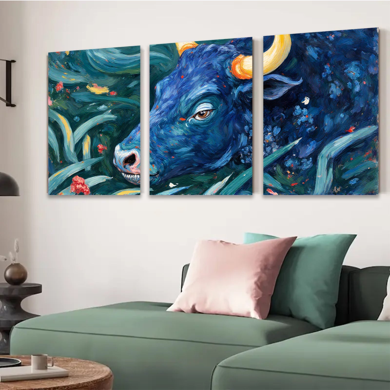 2D flat 1pc Blue Bull Portrait Lush Floral Background Farmhouse Wall Decor Living Room Bedroom Canvas Art Modern Rustic Gallery Wrapped Timeless Statement Piece