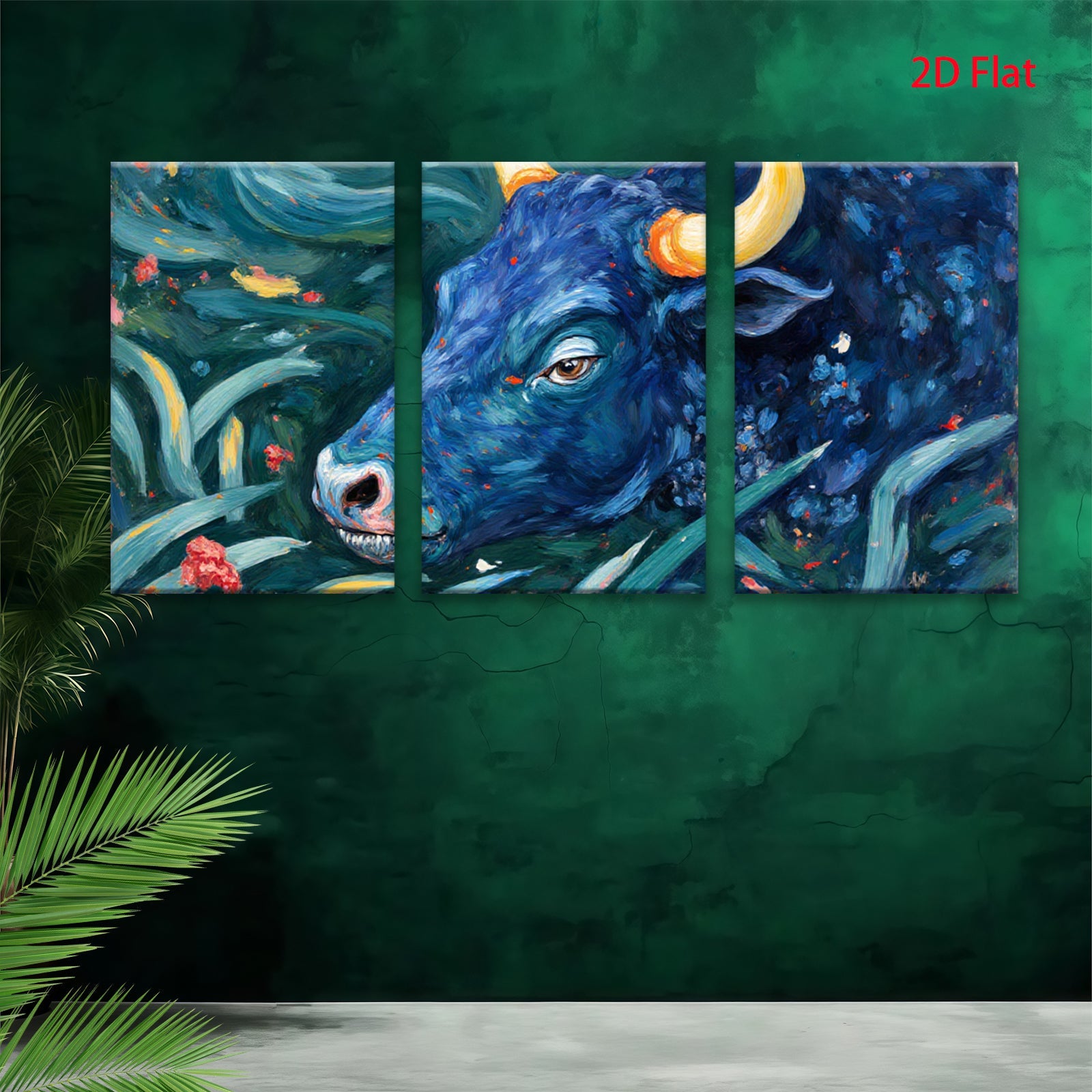 2D flat 1pc Blue Bull Portrait Lush Floral Background Farmhouse Wall Decor Living Room Bedroom Canvas Art Modern Rustic Gallery Wrapped Timeless Statement Piece