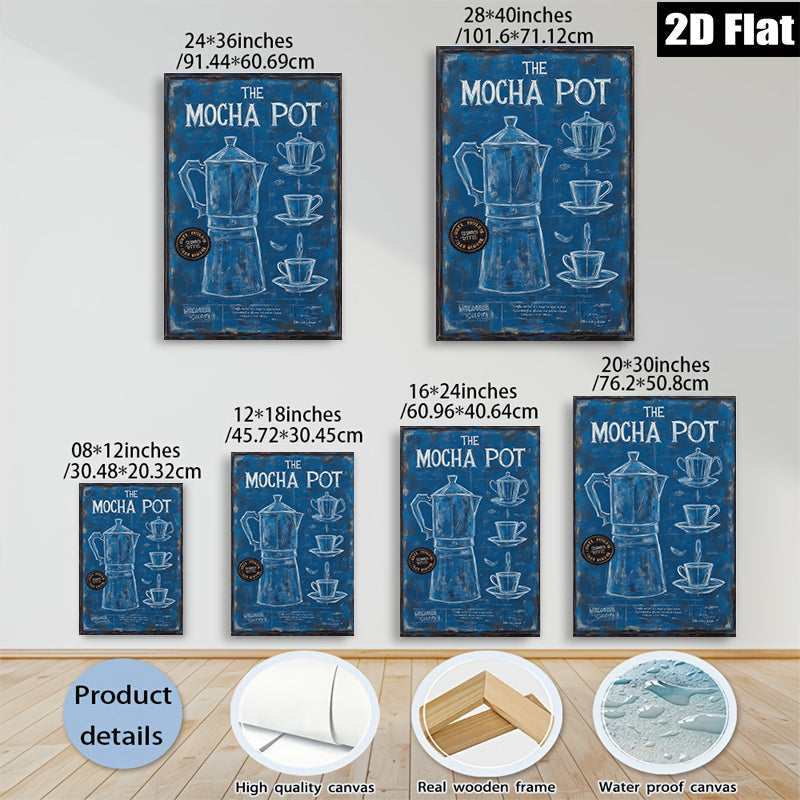 2D flat 1pc Blue Coffee Pot Kitchen Wall Art Modern Farmhouse Decor Living Room Dining Room Canvas Prints Wrapped Ready to Hang
