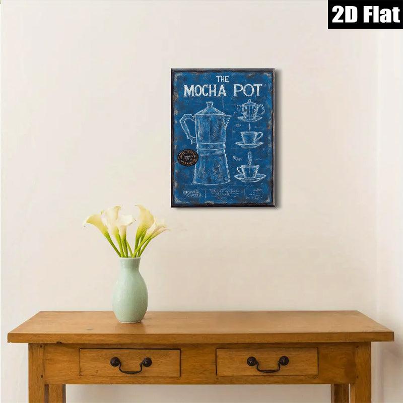 2D flat 1pc Blue Coffee Pot Kitchen Wall Art Modern Farmhouse Decor Living Room Dining Room Canvas Prints Wrapped Ready to Hang