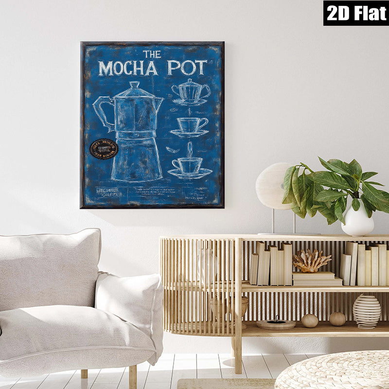 2D flat 1pc Blue Coffee Pot Kitchen Wall Art Modern Farmhouse Decor Living Room Dining Room Canvas Prints Wrapped Ready to Hang