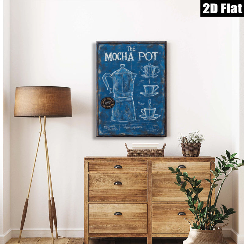 2D flat 1pc Blue Coffee Pot Kitchen Wall Art Modern Farmhouse Decor Living Room Dining Room Canvas Prints Wrapped Ready to Hang