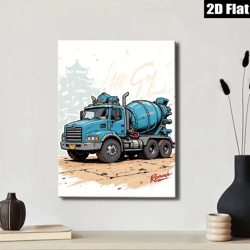 2D flat 1pc Blue Concrete Mixer Truck Wall Art Canvas Prints for Garage Man Cave Decor Boys Room Modern Farmhouse Style Living Room Bedroom Décor