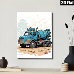 2D flat 1pc Blue Concrete Mixer Truck Wall Art Canvas Prints for Garage Man Cave Decor Boys Room Modern Farmhouse Style Living Room Bedroom Décor