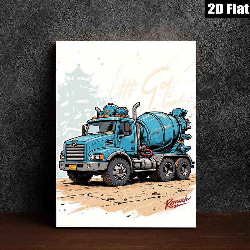2D flat 1pc Blue Concrete Mixer Truck Wall Art Canvas Prints for Garage Man Cave Decor Boys Room Modern Farmhouse Style Living Room Bedroom Décor
