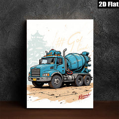2D flat 1pc Blue Concrete Mixer Truck Wall Art Canvas Prints for Garage Man Cave Decor Boys Room Modern Farmhouse Style Living Room Bedroom Décor