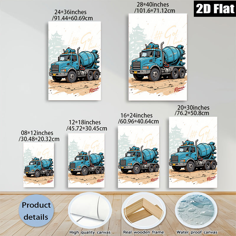 2D flat 1pc Blue Concrete Mixer Truck Wall Art Canvas Prints for Garage Man Cave Decor Boys Room Modern Farmhouse Style Living Room Bedroom Décor