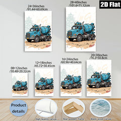 2D flat 1pc Blue Concrete Mixer Truck Wall Art Canvas Prints for Garage Man Cave Decor Boys Room Modern Farmhouse Style Living Room Bedroom Décor