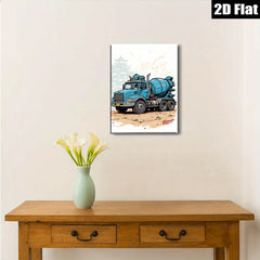 2D flat 1pc Blue Concrete Mixer Truck Wall Art Canvas Prints for Garage Man Cave Decor Boys Room Modern Farmhouse Style Living Room Bedroom Décor