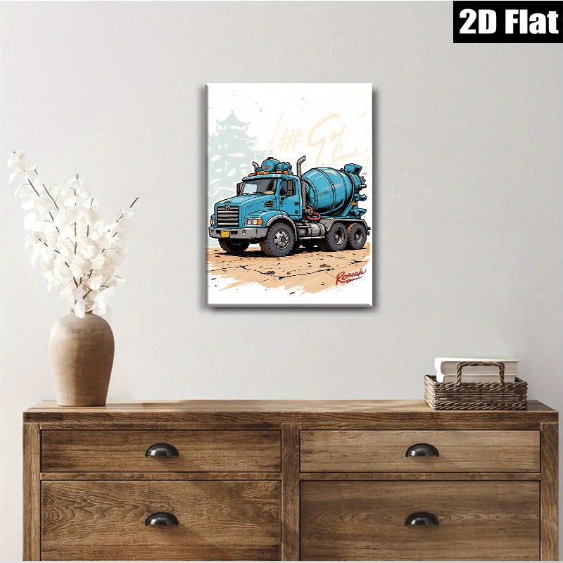 2D flat 1pc Blue Concrete Mixer Truck Wall Art Canvas Prints for Garage Man Cave Decor Boys Room Modern Farmhouse Style Living Room Bedroom Décor