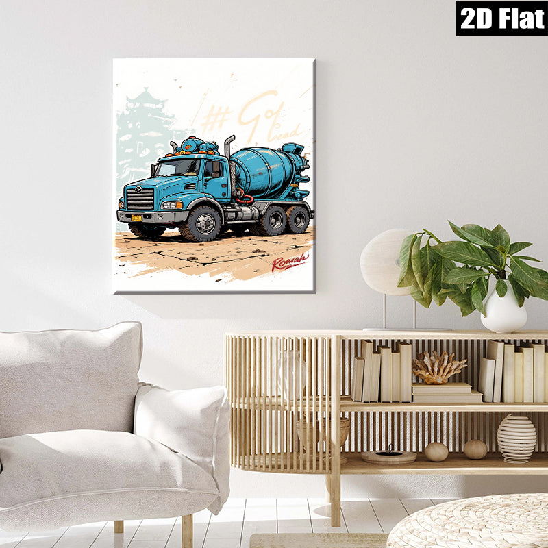 2D flat 1pc Blue Concrete Mixer Truck Wall Art Canvas Prints for Garage Man Cave Decor Boys Room Modern Farmhouse Style Living Room Bedroom Décor
