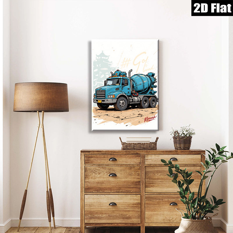 2D flat 1pc Blue Concrete Mixer Truck Wall Art Canvas Prints for Garage Man Cave Decor Boys Room Modern Farmhouse Style Living Room Bedroom Décor