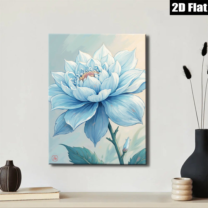 2D flat 1pc Blue Dahlia Botanical Flower Wall Art Decor Living Room Bedroom Modern Farmhouse Canvas Prints Cozy Aesthetic Gallery Wrapped Timeless