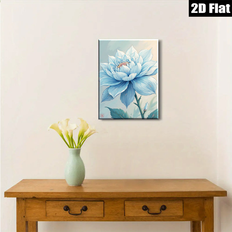 2D flat 1pc Blue Dahlia Botanical Flower Wall Art Decor Living Room Bedroom Modern Farmhouse Canvas Prints Cozy Aesthetic Gallery Wrapped Timeless